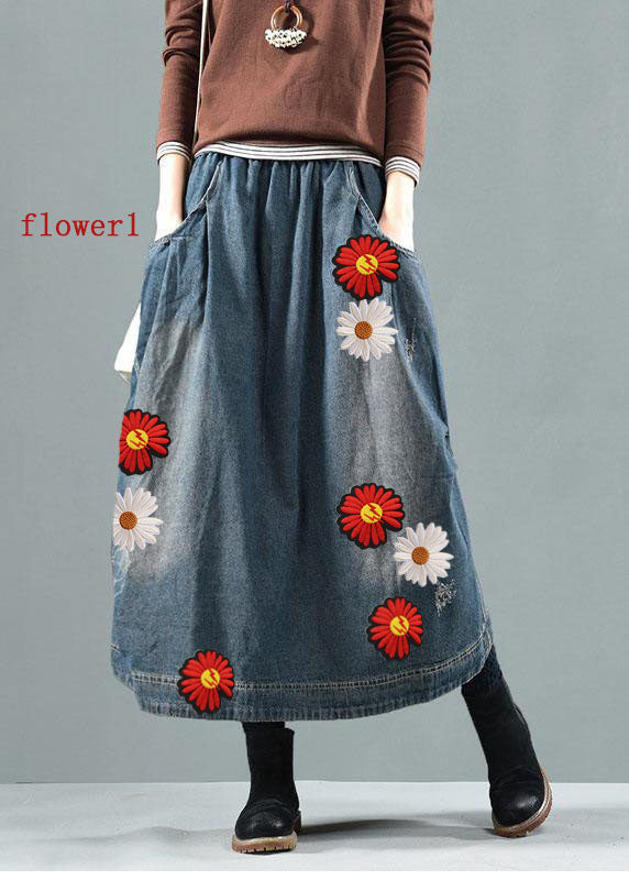 Blue-green flower Pockets Retro Patchwork Skirts Denim