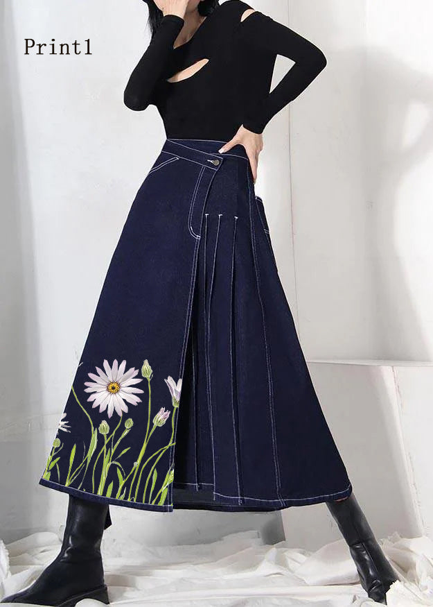 Boho denim blue-print2 zippered asymmetrical design Skirt