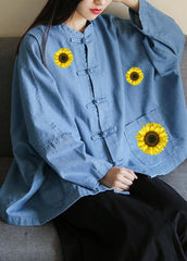 Loose stand collar Chinese Button clothes For Sleeve denim light blue-little flower shirts