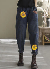 Natural blue-yellow love elastic waist Pockets denim Pants