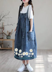 Plus Size Blue-white flower drawstring pocket Spaghetti Strap Cotton denim Dress