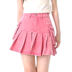 Pink pleated cargo denim skirt