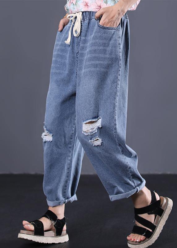 Pantalones vaqueros azules de talla grande con cintura elástica y cordón roto, novedad de 2019.