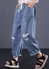 2019 new denim blue plus size pants elastic waist drawstring ripped Jeans