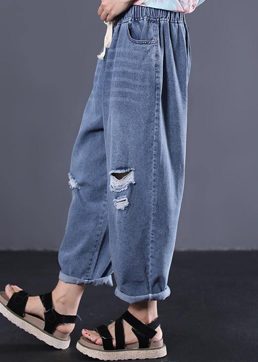 Pantalones vaqueros azules de talla grande con cintura elástica y cordón roto, novedad de 2019.