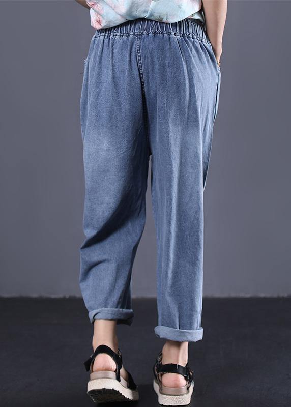 Pantalones vaqueros azules de talla grande con cintura elástica y cordón roto, novedad de 2019.