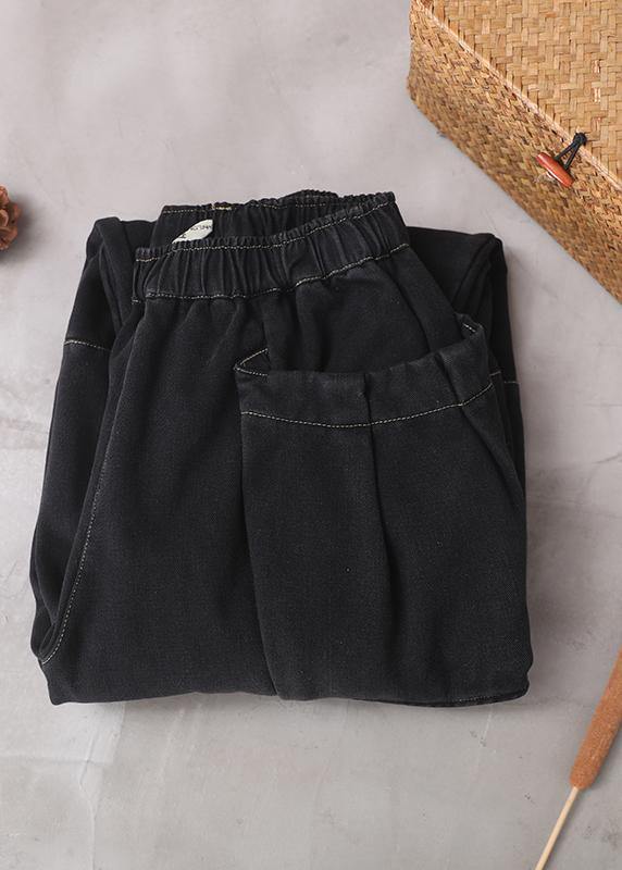 2019 winter black patchwork cotton pants two pockets thick denim pants