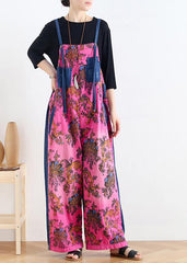 2021 retro national style rose printed loose denim overalls