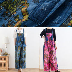 2021 retro national style rose printed loose denim overalls