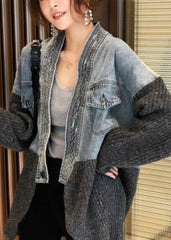 2024 Autumn Winter New Loose Fit Denim Spliced Knitted Cardigan Coat