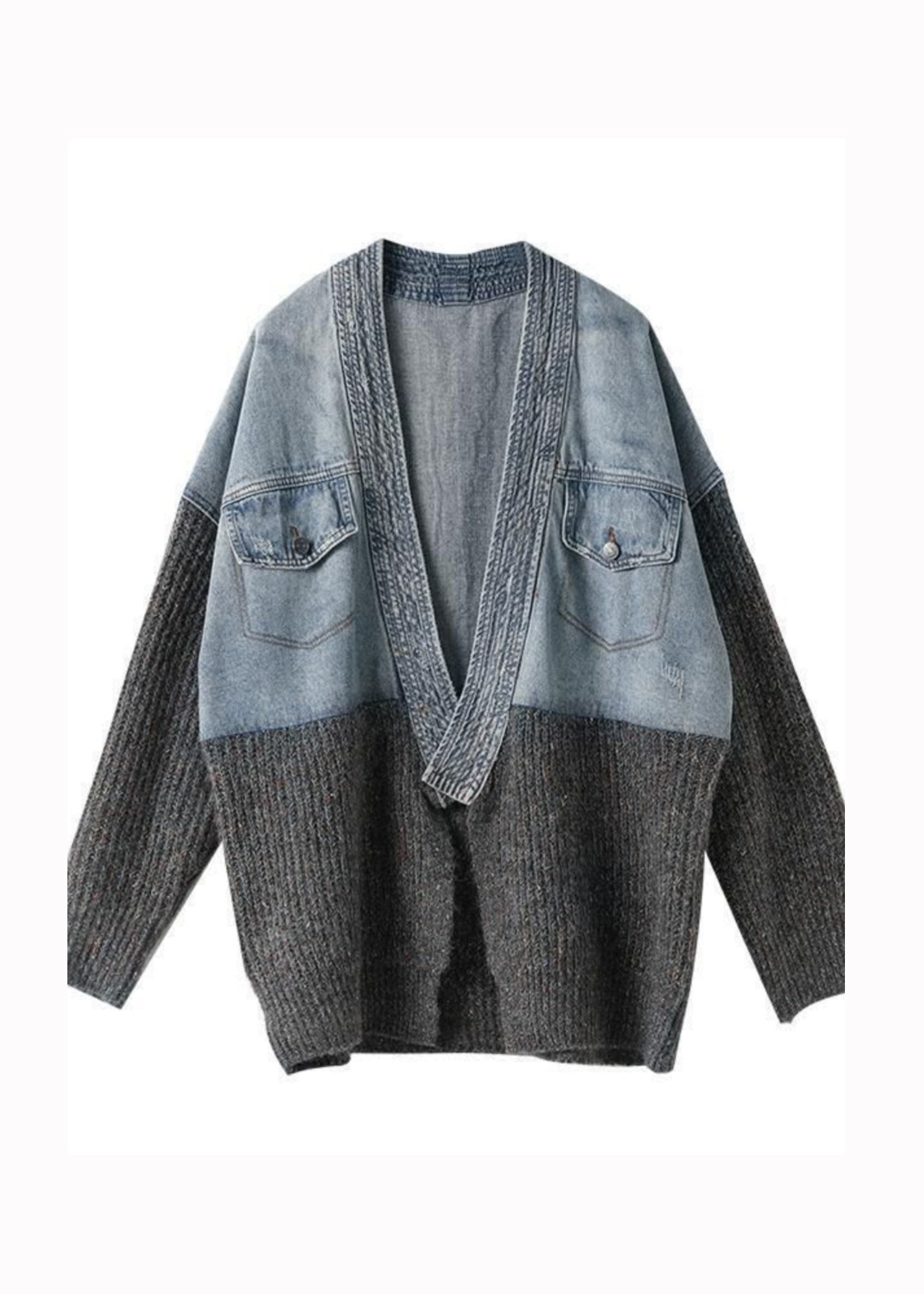 2024 Herbst Winter Neuer Loose Fit Denim Spliced ​​Strickjacke Mantel