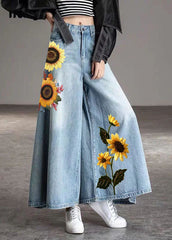 DIY Light Blue-chrysanthemum Pockets Casual Wide Leg Fall Denim Pants