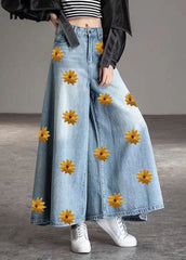 DIY Light Blue-chrysanthemum Pockets Casual Wide Leg Fall Denim Pants