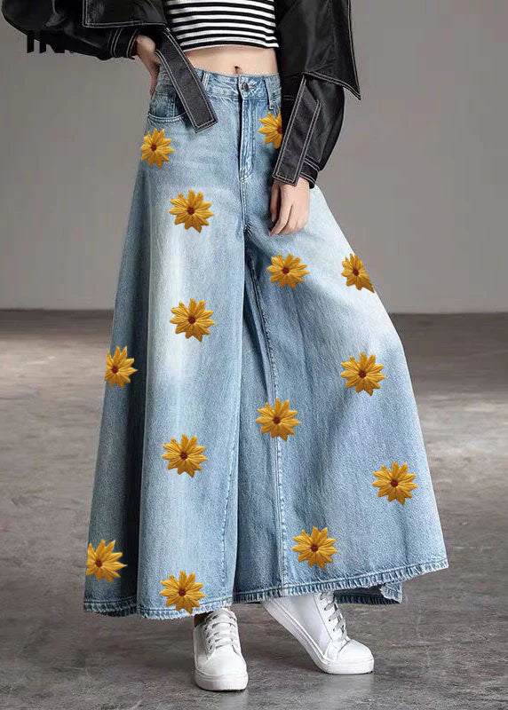 DIY Light Blue-sunflower Pockets Casual Wide Leg Fall Denim Pants