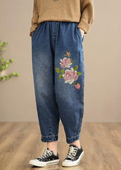 Handmade Casual Pants Oversize Denim Blue-Rose Photography Elastic Waist Trousers