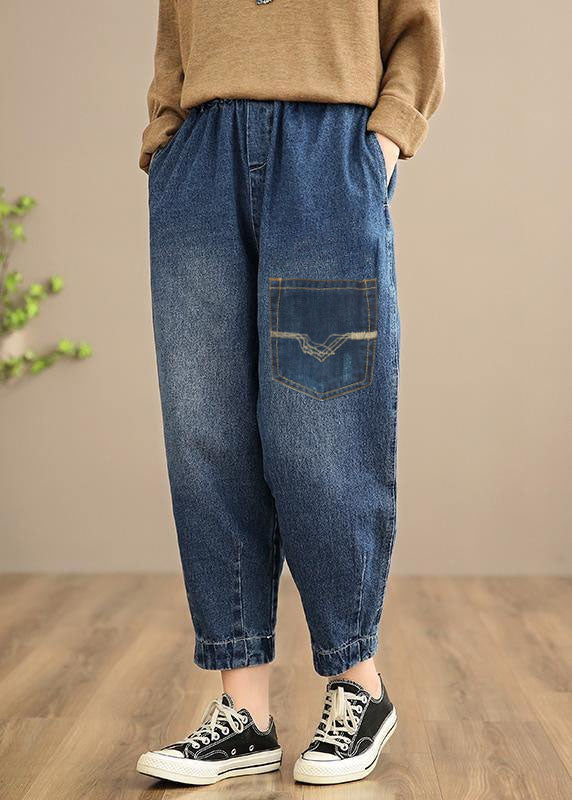 Handmade Casual Pants Oversize Denim Blue-Pocket Photography Elastic Waist Trousers