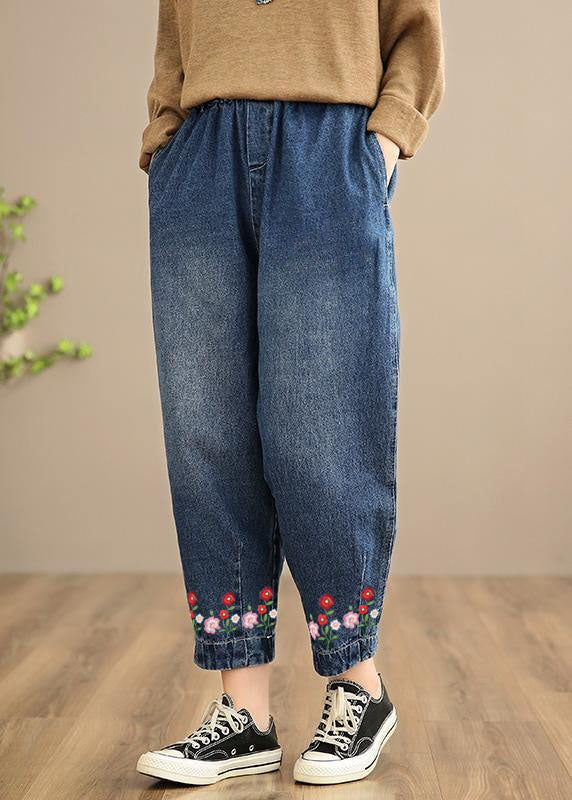 Handmade Casual Pants Oversize Denim Blue-Rose Photography Elastic Waist Trousers