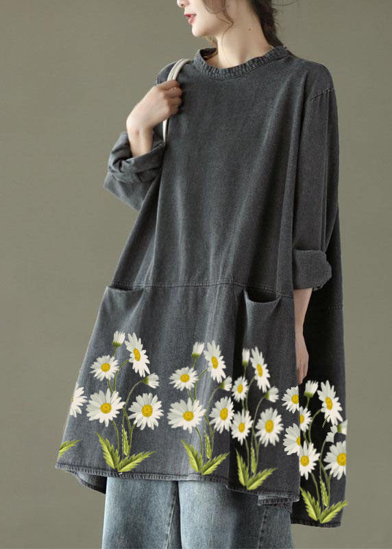 Boho Black Grey-blue flower O-Neck Pockets Denim Long Dresses Long Sleeve