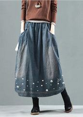 Blue-white flower Pockets Retro Patchwork Skirts Denim