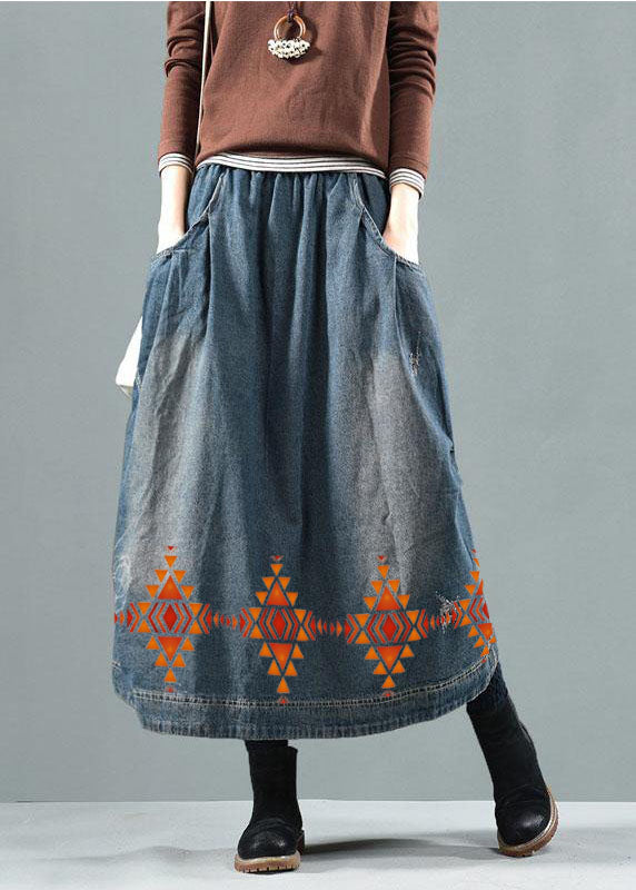 Blue-white flower Pockets Retro Patchwork Skirts Denim