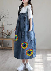 Plus Size Blue-brown flower drawstring pocket Spaghetti Strap Cotton denim Dress