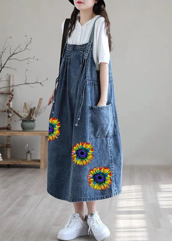 Plus Size Blue-sunflower drawstring pocket Spaghetti Strap Cotton denim Dress