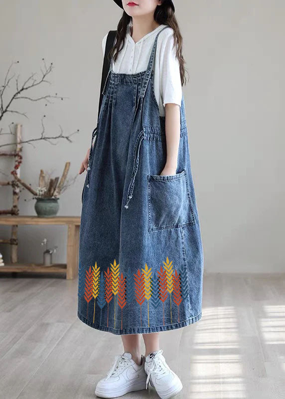 Plus Size Blue-Leaves drawstring pocket Spaghetti Strap Cotton denim Dress