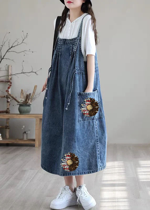 Plus Size Blue-sunflower drawstring pocket Spaghetti Strap Cotton denim Dress