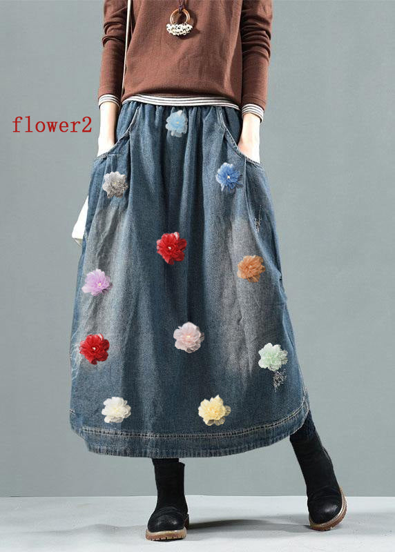 Blue-green flower Pockets Retro Patchwork Skirts Denim