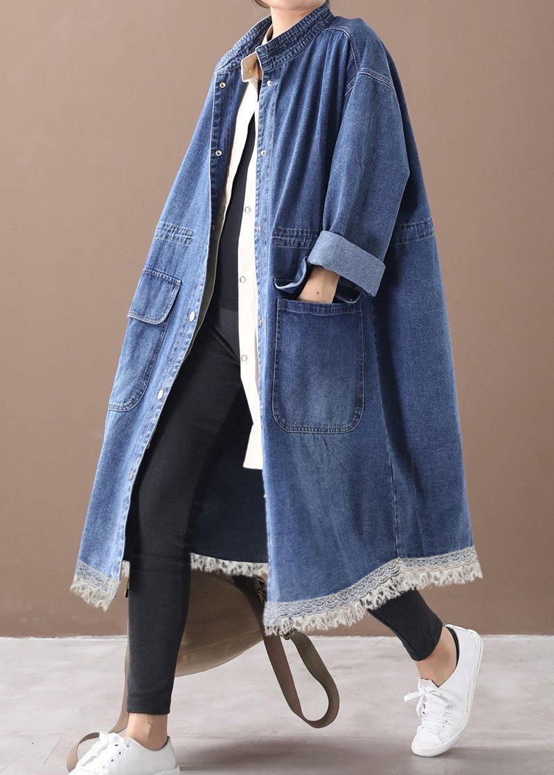 French denim blue-snowflake Plus Size box coat Shape stand collar drawstring coat