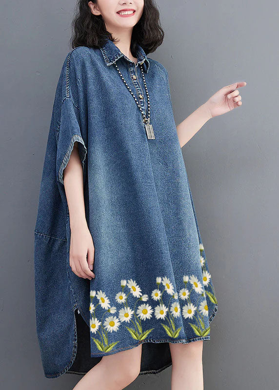 Loose Blue-sunflower Button Side Open Maxi Denim Dress