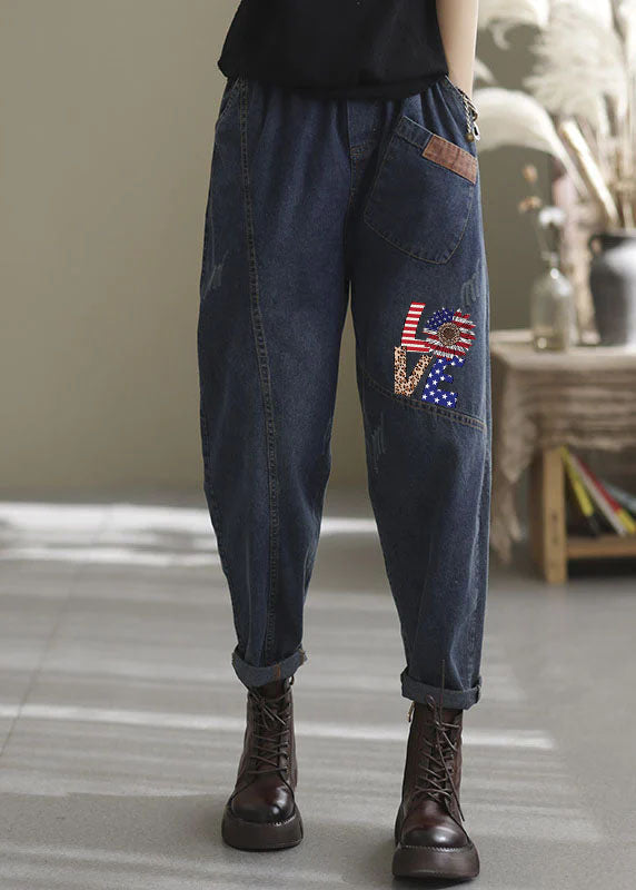 Natural blue-sunflower elastic waist Pockets denim Pants