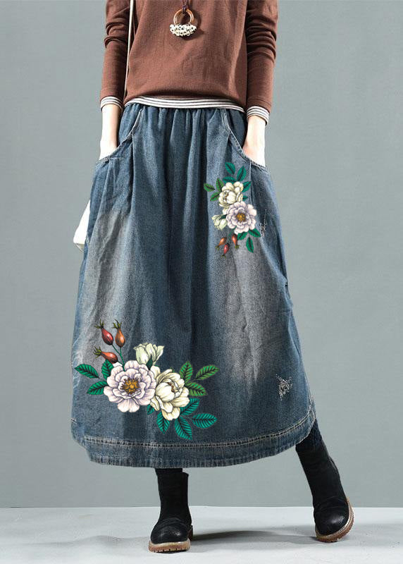 Blue-green flower Pockets Retro Patchwork Skirts Denim