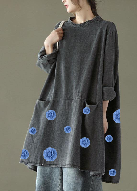 Boho Black Grey-blue flower O-Neck Pockets Denim Long Dresses Long Sleeve