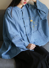 Loose stand collar Chinese Button clothes For Sleeve denim light blue-little flower shirts