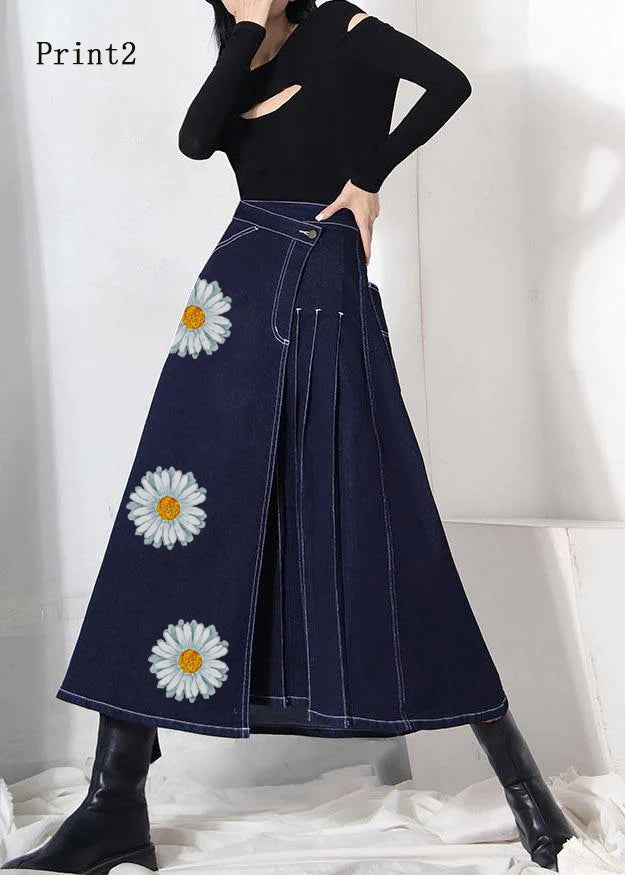 Boho denim blue-print1 zippered asymmetrical design Skirt