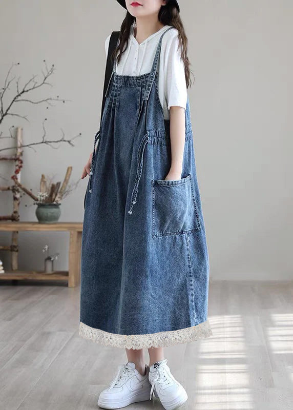 Plus Size Blue-white flower drawstring pocket Spaghetti Strap Cotton denim Dress