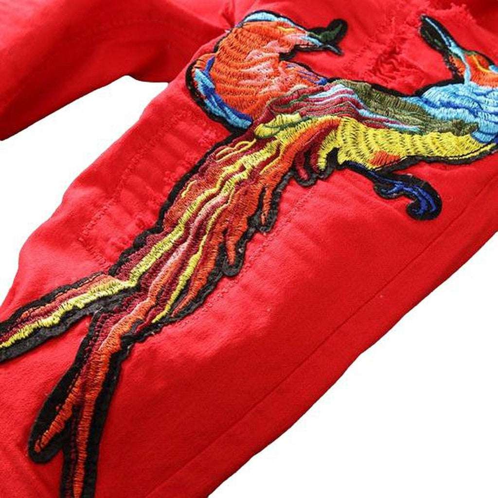 Embroidered ripped men red jeans