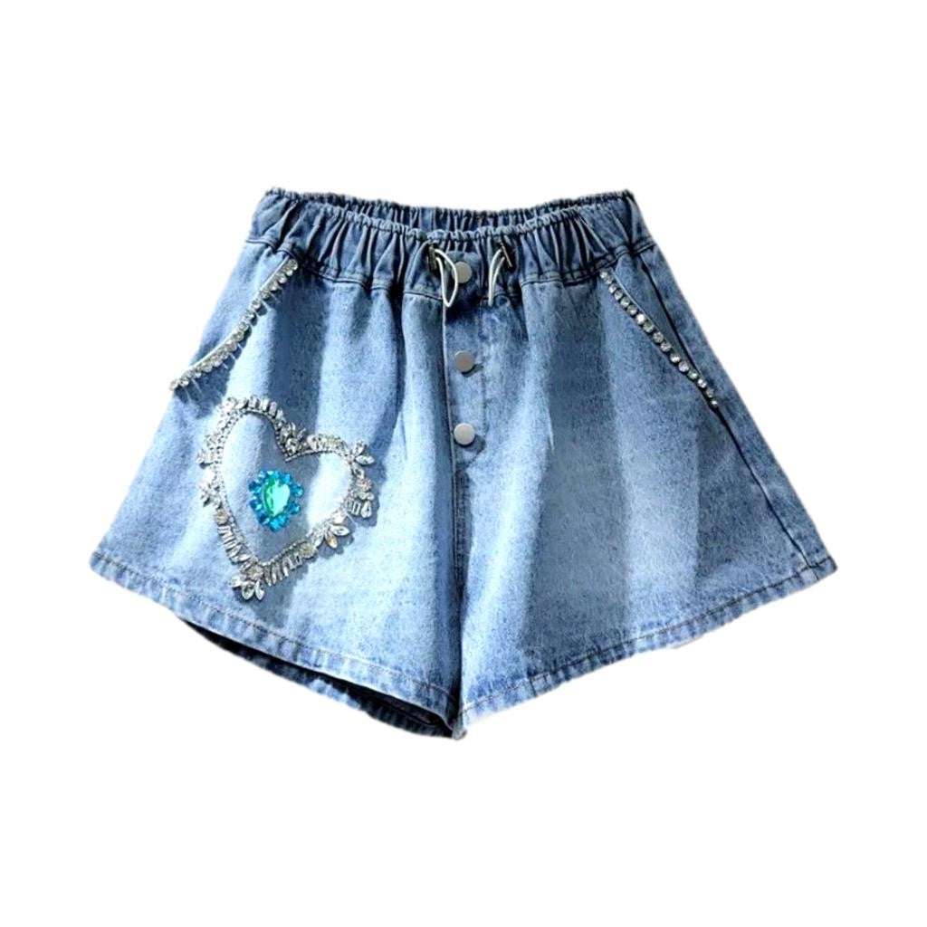 Diamond heart embellished denim shorts