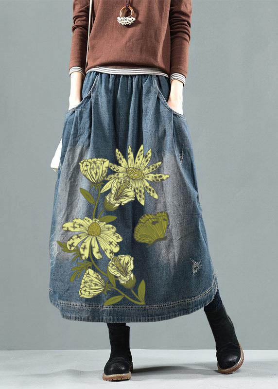 Blue-white flower Pockets Retro Patchwork Skirts Denim