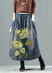 Blue-green flower Pockets Retro Patchwork Skirts Denim