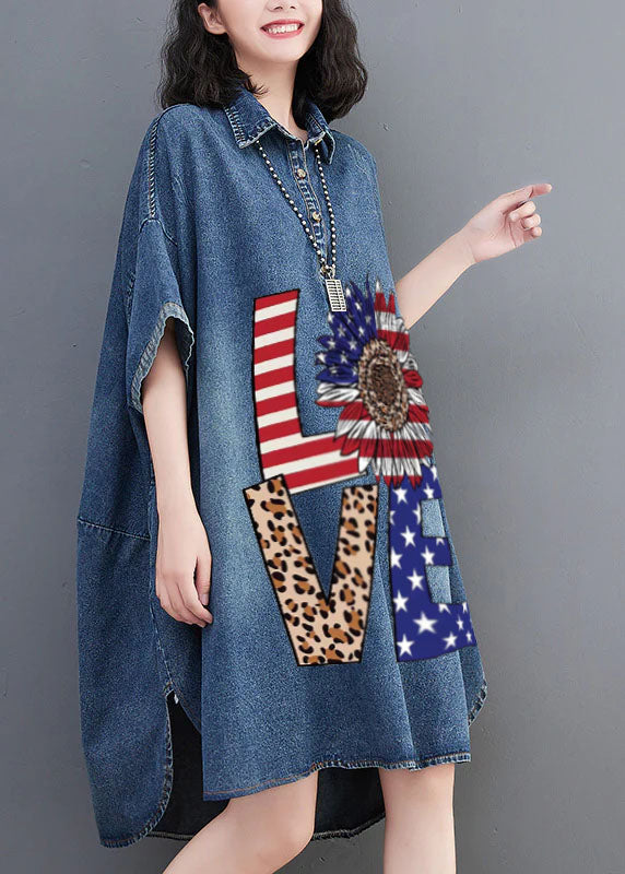 Loose Blue-sunflower Button Side Open Maxi Denim Dress