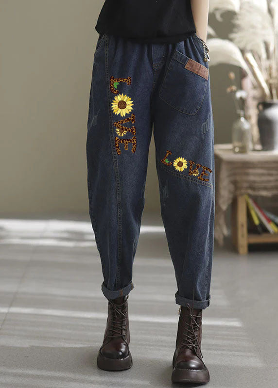 Natural blue-yellow love elastic waist Pockets denim Pants