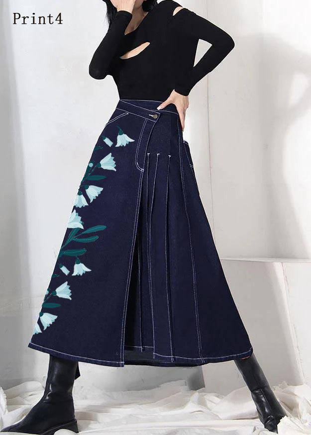 Boho denim blue-print1 zippered asymmetrical design Skirt