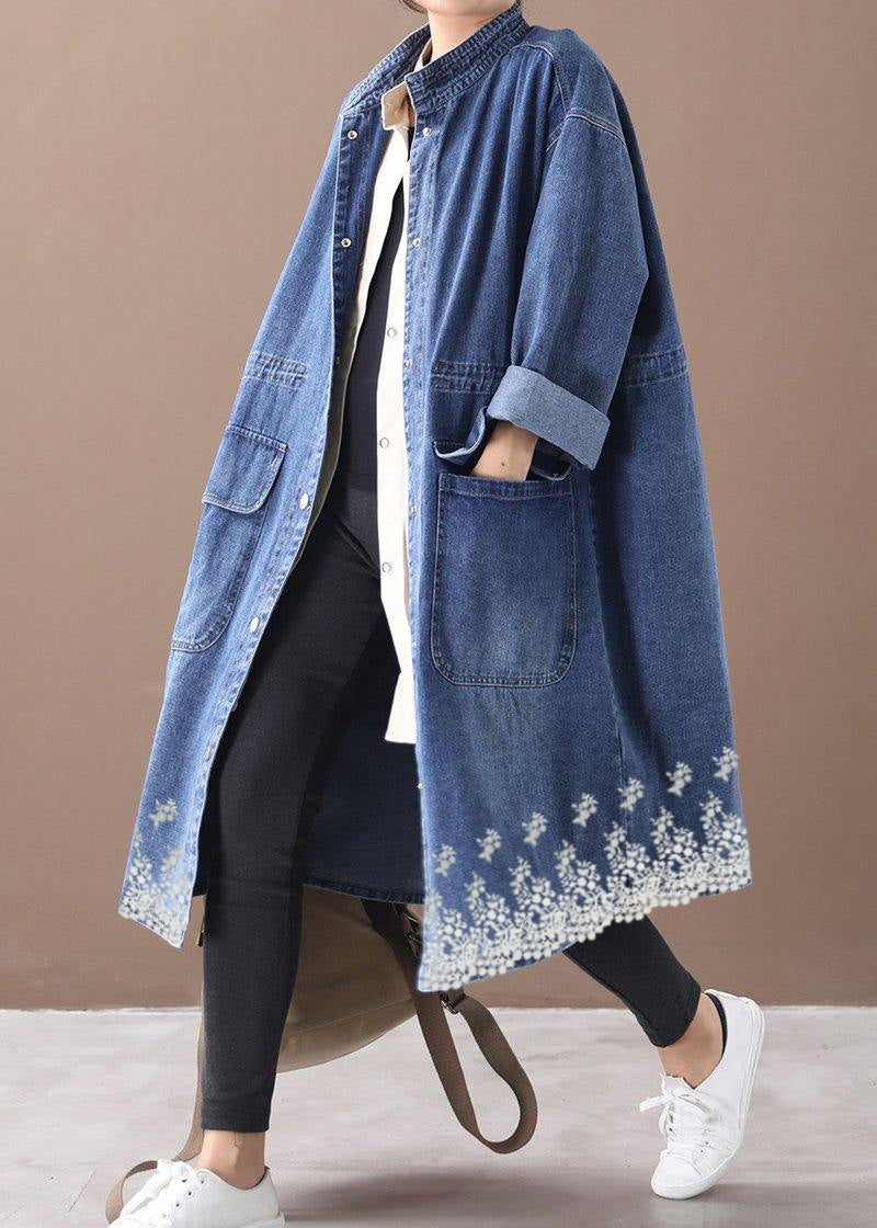 French denim blue-love Plus Size box coat Shape stand collar drawstring coat