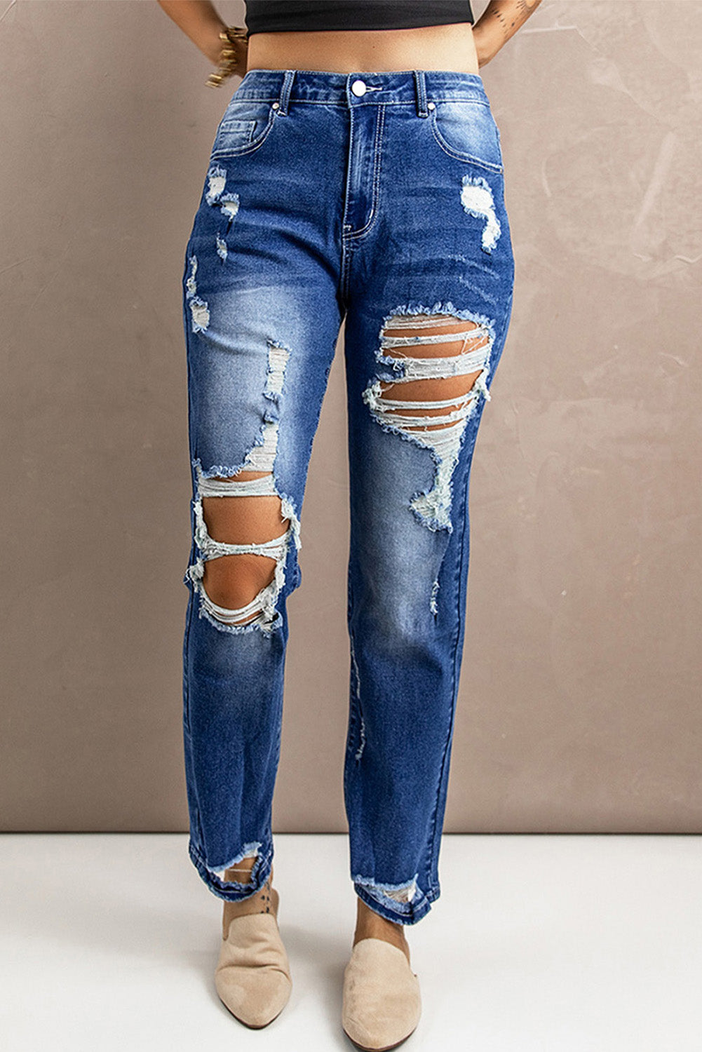 Baeful – Distressed-High-Rise-Jeans mit Taschen