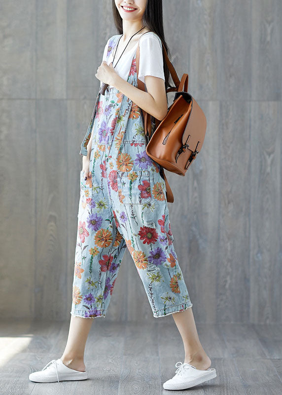 Classy light Blue pockets Floral Denim Jumpsuit