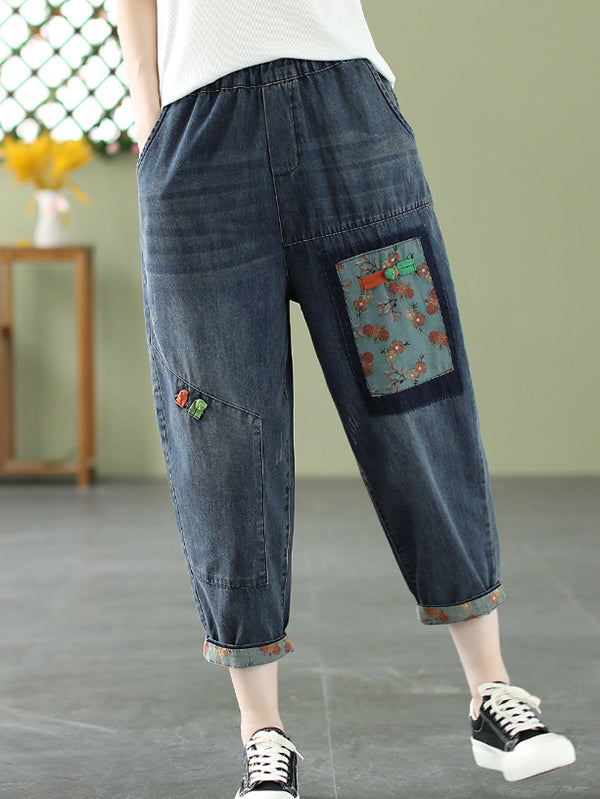 Vintage Artistic Retro Applique Denim Pants