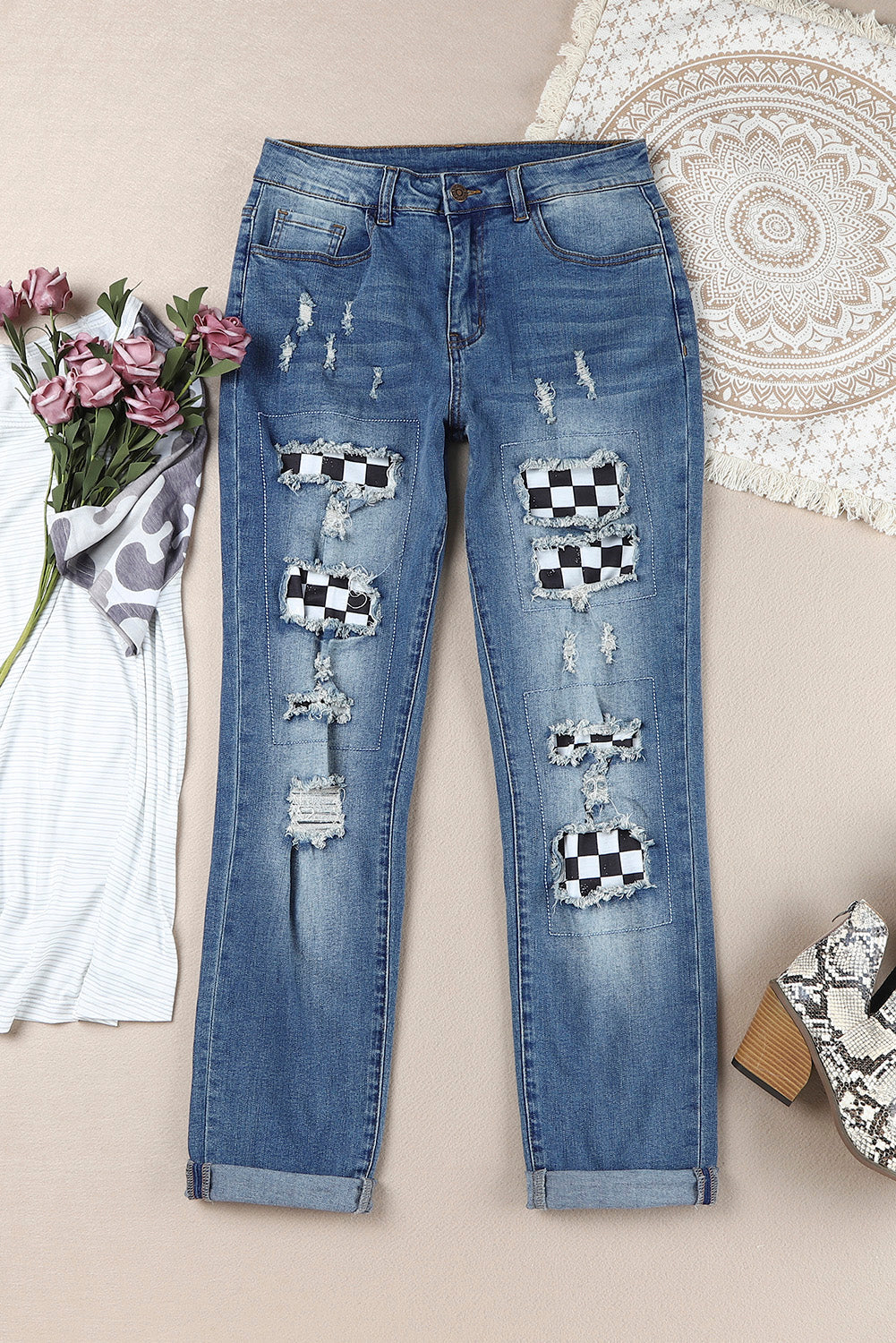 Baeful – Karierte Patchwork-Jeans mit mittlerer Taille und Used-Look