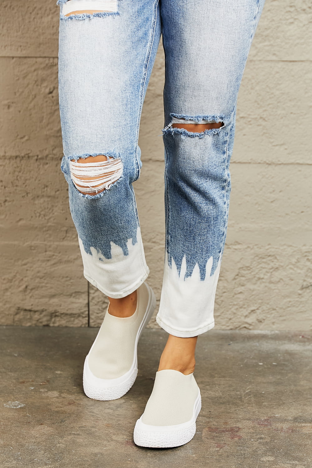 BAYEAS – Hoch taillierte, verkürzte Skinny-Jeans im Used-Look mit Farbakzenten